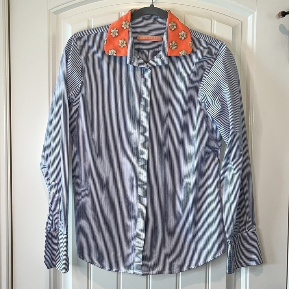 Vilagallo Anthropologie striped button down blouse embroidered flower collar S/M